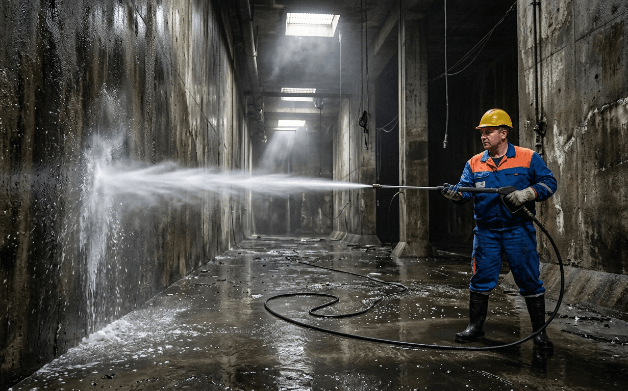 Technician operating industrial tank cleaning equipment